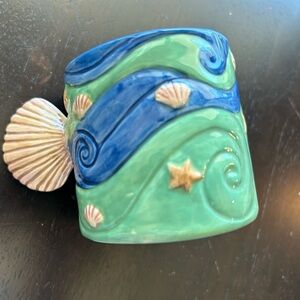 Clay Art 1994 Tea For One 3" Cup Blue Green Starfish/ Shell Handle NEW